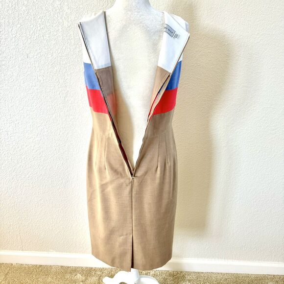 VTG Howard Wolf Size 8 Sheath Pencil Dress Tan Blue White Colorblock Stripes - Picture 11 of 16